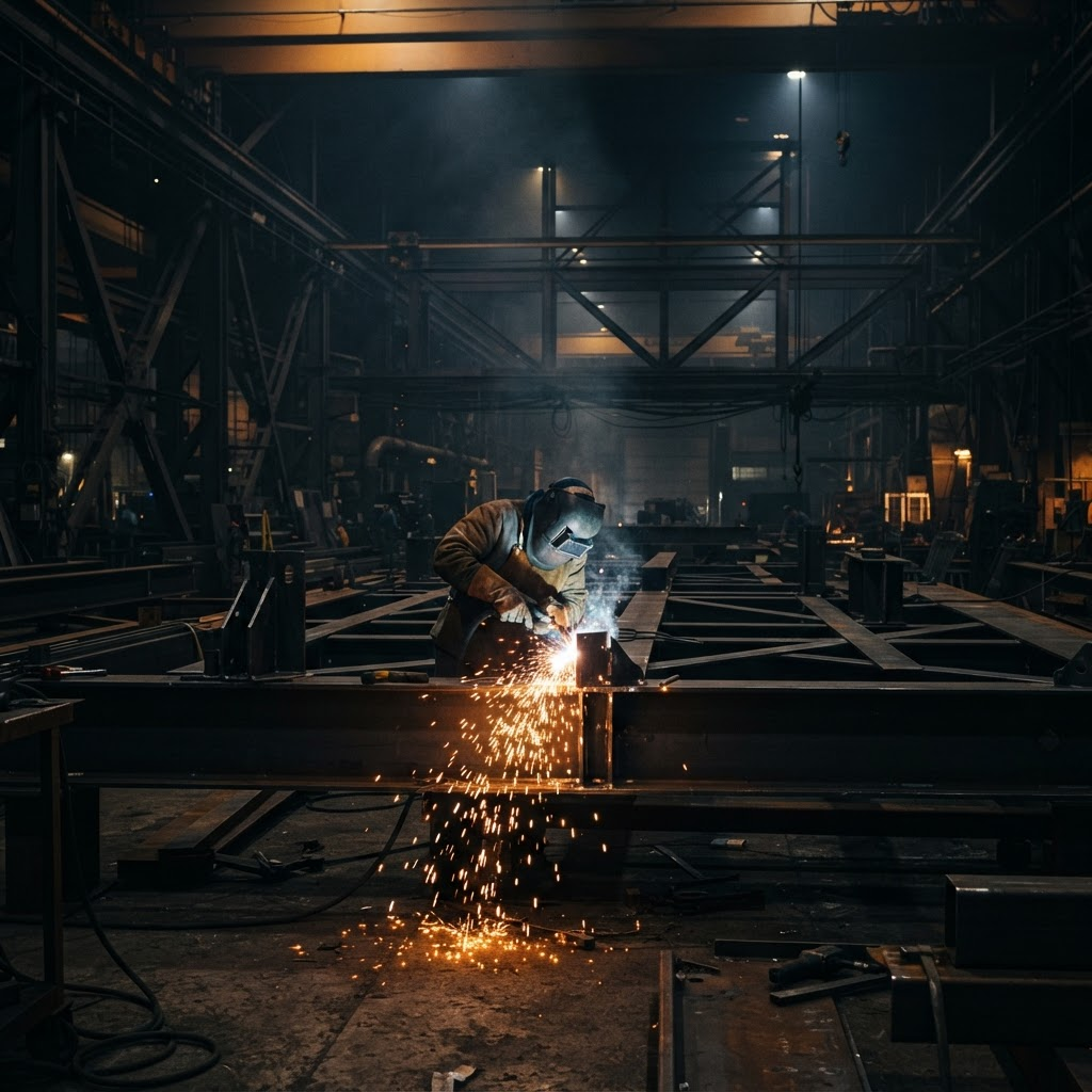 Steel fabrication facility with welding sparks